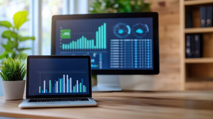 Laptop and desktop computer displaying financial data charts and graphs in a modern office, business analytics, technology, data-driven decisions, work environment, digital finance,corporate workspace