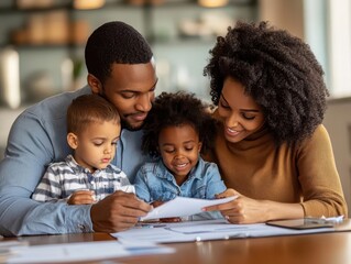 Fototapeta premium Financial security planning session with a family reviewing insurance and savings options, organized setting, sharp focus