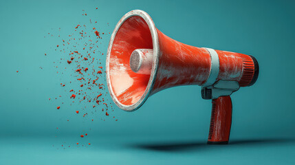 Orange megaphone exploding into fragments against a teal background, representing communication, disruption, loud announcement, breaking news, voice, power, broadcasting, message