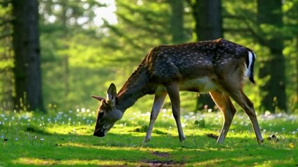 tranquil moment capturing deer grazing in sunlit forest glade
