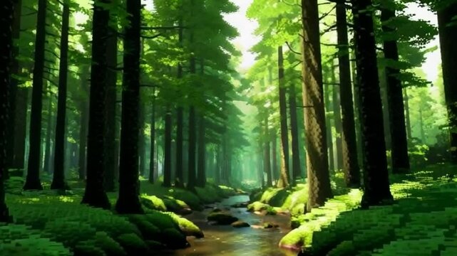 beautiful pixel art forest filled with towering trees and calm stream
