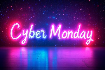 Obraz premium Neon sign for Cyber Monday sale on a vibrant digital backdrop, Neon Cyber Monday Banner, Text and Title of Cyber Monday, Cyber Monday promotional advertising