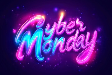 Colorful neon Cyber Monday sign glowing against a dark backdrop, Neon Cyber Monday Banner, Text and Title of Cyber Monday, Cyber Monday promotional advertising