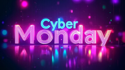 Fototapeta premium Vibrant display of colorful lights celebrating Cyber Monday sales event, Neon Cyber Monday Banner, Text and Title of Cyber Monday, Cyber Monday promotional advertising