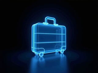Polygonal blue hologram of suitcase on dark background.
