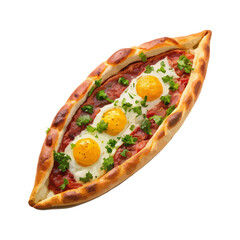 front view of Pide with Turkish boat-shaped flatbread, filled with a variety of toppings such as sucuk, cheese, and eggs, baked to golden perfection, isolated on a white transparent background 