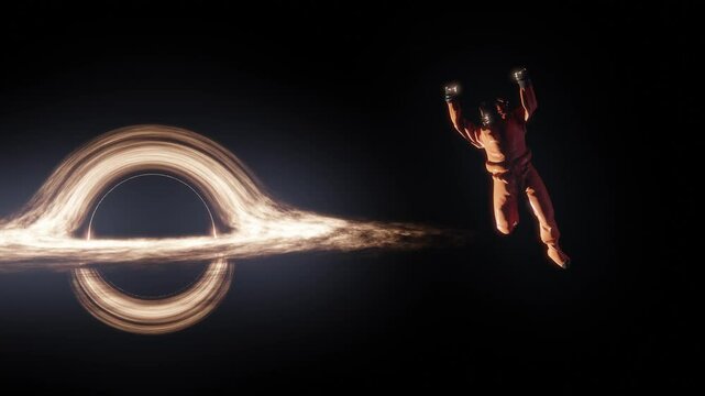 A black hole, a gravitational singularity in space. The astronaut got into the field of gravity of a black hole, falling into a wormhole
