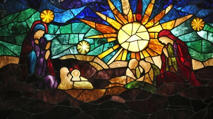 Obraz premium Stained Glass Depiction of the Nativity Scene with a Shining Sun