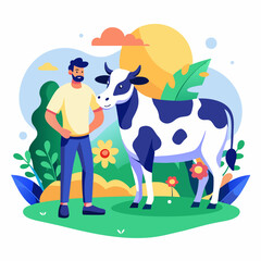 Fototapeta premium Man and Cow, Isolated on White Background, Agricultural Scene