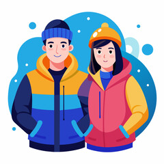 Couple in Winter Jackets, Isolated on White Background, Cold Weather Fashion