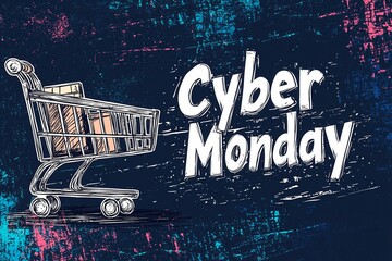 Fototapeta premium Shopping cart illustration promoting Cyber Monday sales event, Illustration Cyber Monday Banner, Text and Title of Cyber Monday, Cyber Monday promotional advertising