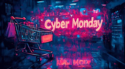 Shopping cart awaiting deals on Cyber Monday in a vibrant store setting, Illustration Cyber Monday Banner, Text and Title of Cyber Monday, Cyber Monday promotional advertising