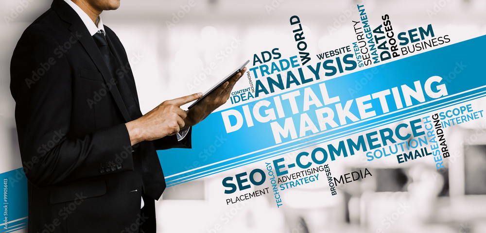 Poster digital marketing technology solution for online business concept - graphic interface showing analyt