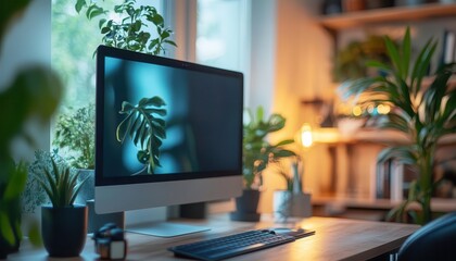 Workspace setup with ergonomic furniture and tech gadgets, clean and organized style, sharp focus, bright lighting