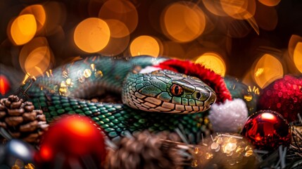 Fototapeta premium green wooden snake designed semirealistic style resting sparkling Christmas ornaments holiday decorations snake wears Santa ornaments reflect lights creating warm festive atmosphere