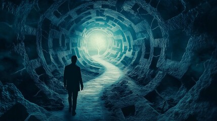 Inside a human mind, a person trapped in his own thoughts. Brain in the shape of a labyrinth. Decisions to be made. Choices to make. Mental problems, Intellectual difficulties. Ai generative