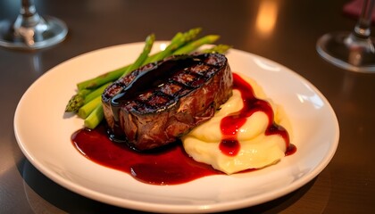 A perfectly seared filet mignon, plated elegantly with vibrant green asparagus, generative ai