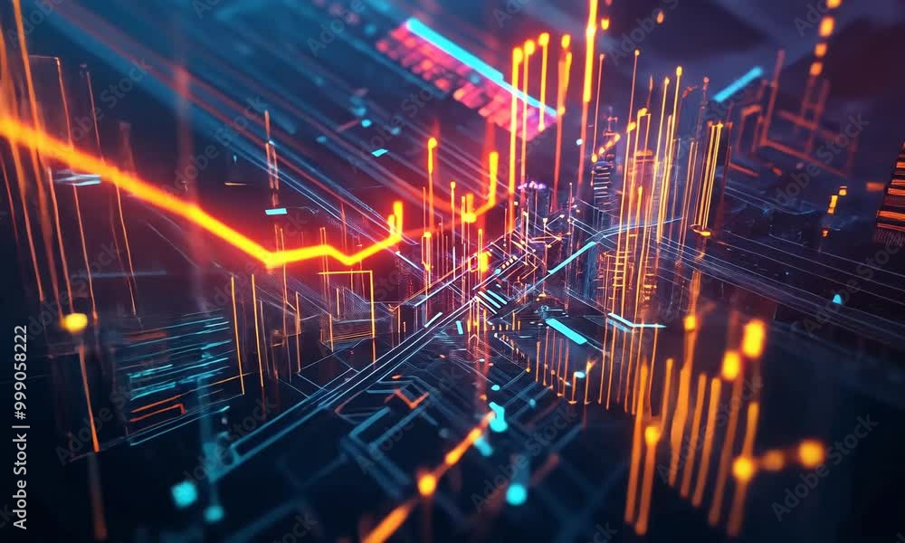 Poster exploring vibrant technological patterns and structures in a dynamic digital landscape