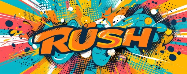 Playful pop art background with "RUSH" text. Retro patterns, Fun elements, Bright vector graphic