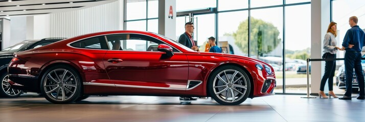Premium car showcase at dealership, potential buyers in attendance.