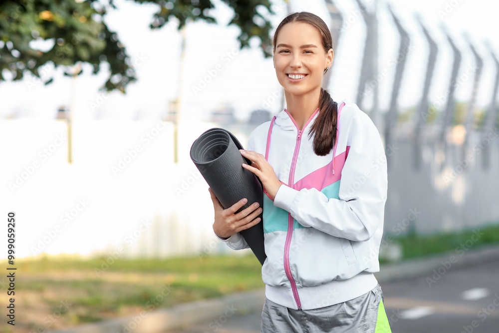 Wall mural Pretty young woman in sportswear with yoga mat outdoors