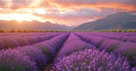 Naklejka premium Serene lavender field at sunset with scenic mountains