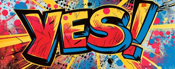 Energetic pop art background featuring "YES!" Dynamic visuals, Comic book style, Bright vector