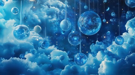 Blue Spheres Hanging in a Starry Sky with Clouds