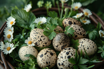 Obraz premium Quail Eggs and Wildflowers in Morning Light