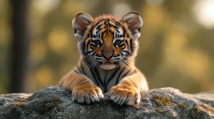 Tiger cub resting on a rock, staring intensely into the camera with soft golden light behind. Wildlife portrait of a young tiger in its natural habitat