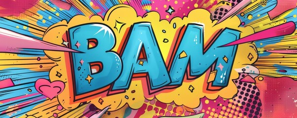 Colorful pop art background with "BAM" inside. Comic book elements, Dynamic visuals, Bright vector