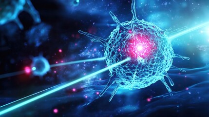 Obraz premium A blue virus cell is targeted by two beams of light, with a blurry background of other virus cells.