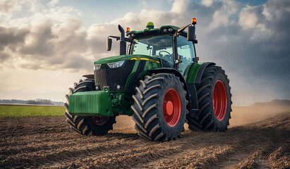 Fototapeta premium Powerful Green Tractor on Farmland Under a Dramatic Sky