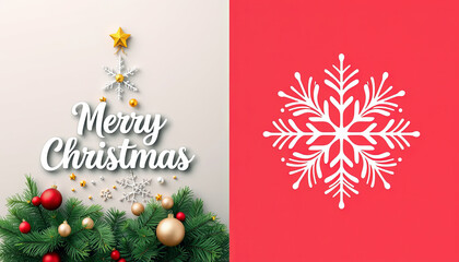 Merry Christmas Cover and Backcover greeting card. Modern beautiful Xmas design with typography, Christmas tree branches, balls, snowflake pattern. Minimal art banner, poster, cover templates 