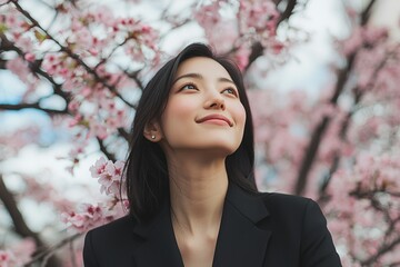 Portrait of a beautiful Japanese woman in a black suit, with cherry blossoms...