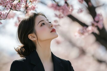 Portrait of a beautiful Japanese woman in a black suit, looking up at cherry...