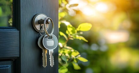 The focus is on the key and lock of an open door, symbolizing home security...