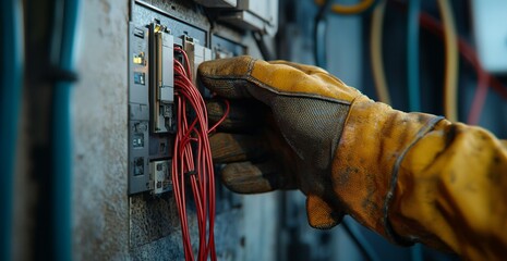 The electrician is connecting the wires to an electrical panel in his office,...