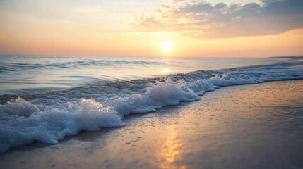 Capture the tranquility of a dawn on the beach, with gentle waves lapping at the shore. --ar 16:9 --v 6.1 Job ID: 8e814485-582e-42ea-ab8c-0d5fd2fd0659