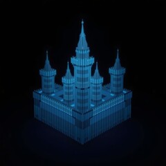 hologram of castle fortress on black background