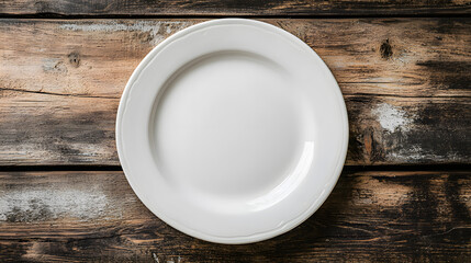 Top view of an empty white plate on a rustic wooden table