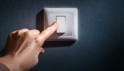 finger pressing a button on the wall, a person reaches out to press the room light switch