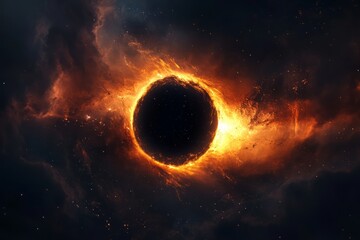 Obraz premium A dramatic image of a black hole surrounded by glowing gas and dust,