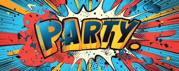 Energetic pop art background featuring "PARTY." Explosion theme, Comic book style, Bright vector