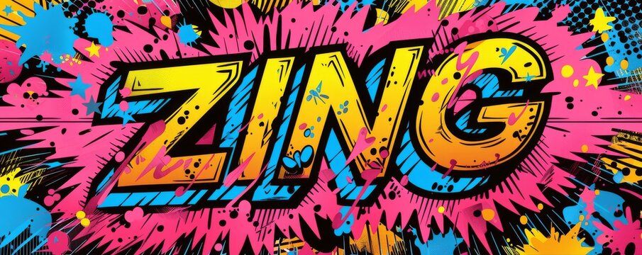 Colorful pop art background with "ZING" inside. Comic book elements, Bold patterns, Vibrant vector