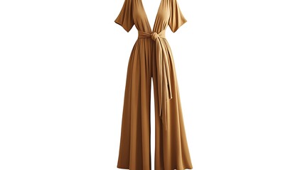 Brown  halter jumpsuit with a wide leg and tie waist.