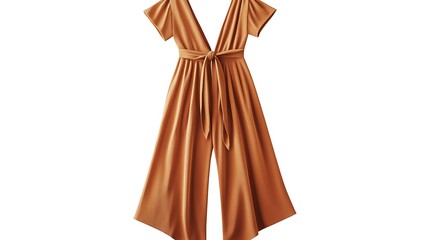 A stylish orange jumpsuit with a plunging neckline and a tie belt.