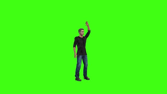 4k boy hand waving, hand flapping animation with a cycle camera view on the green screen, The 3D character of a young boy gesture raising his hand in blue pants, black shirt, and shoes on chroma key