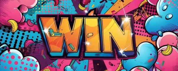 Colorful pop art background with "WIN" inside. Bold patterns, Comic book elements, Bright vector