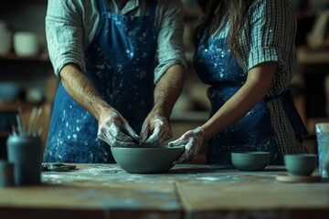 portrait of the couple attending a pottery class or painting workshop, getting their hands dirty and expressing their creativity. 